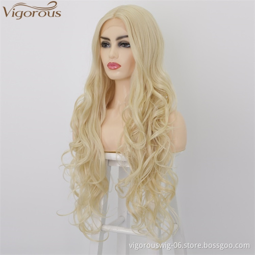 Vigorous High Quality Lace Front Wigs Long Wavy Synthetic Wigs Middle Part 613 Blonde Wigs Heat Resistant Fiber Wholesale Price